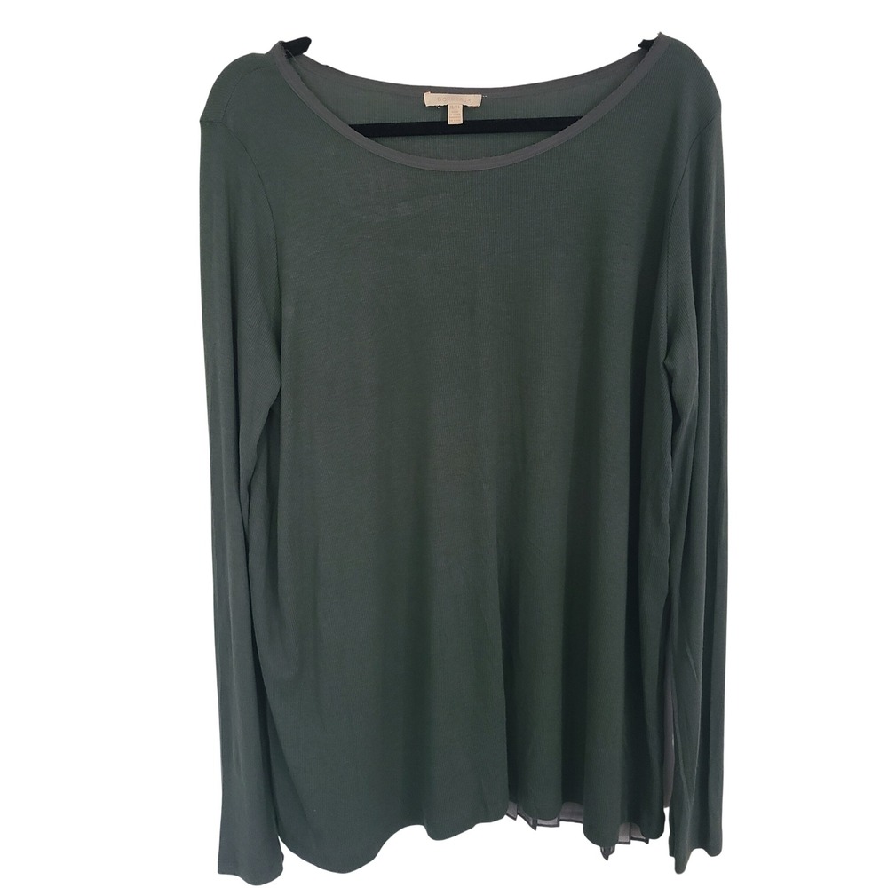 Bordeaux‎ Forest Green Ribbed Knit Top Pleated Chiffon Back XL Long Sleeve